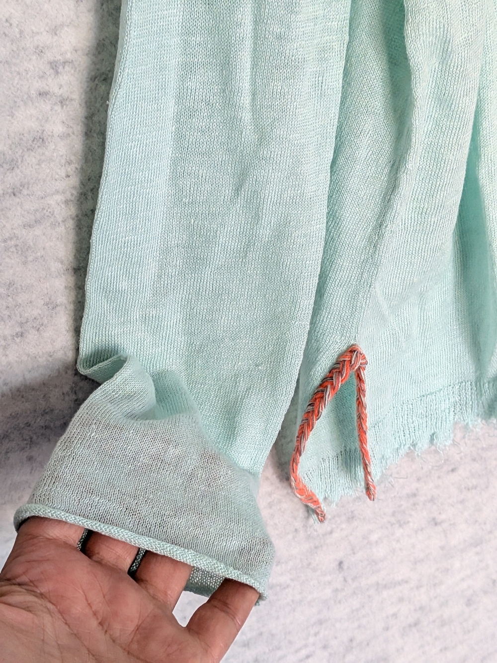 Lisa Todd Tulum Sweater Sz S Dew Fray-Edge Linen Hoodie Lightweight Mint Blouse - Picture 10 of 14